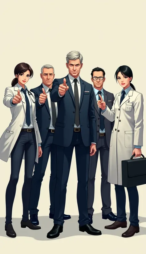  Doctor, lawyer, investor, real estate dealer, accountant and police officer standing  and pointing finger at camera  . Full bodies. Anime pic look realistic 