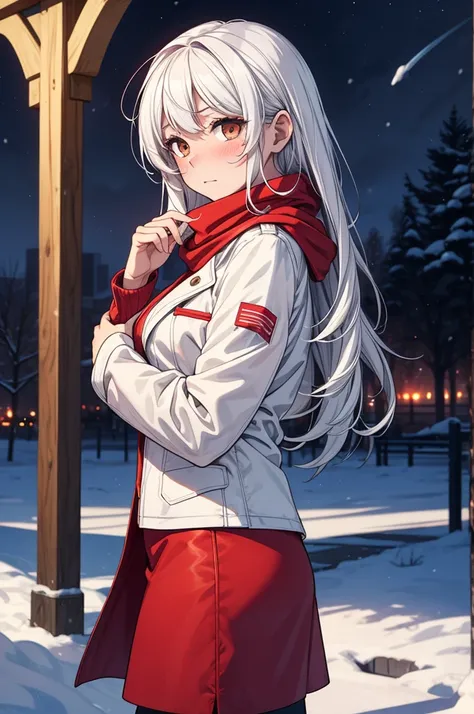 ((masterpiece, best quality:1.3, high detail)), beautiful woman, looking at viewer, long hair, (white hair), full-face blush, solo focus, one person, (white coat, white blouse, red scarf, (long red skirt)), red pencil skirt, boots, outdoors, (night sky, sn...