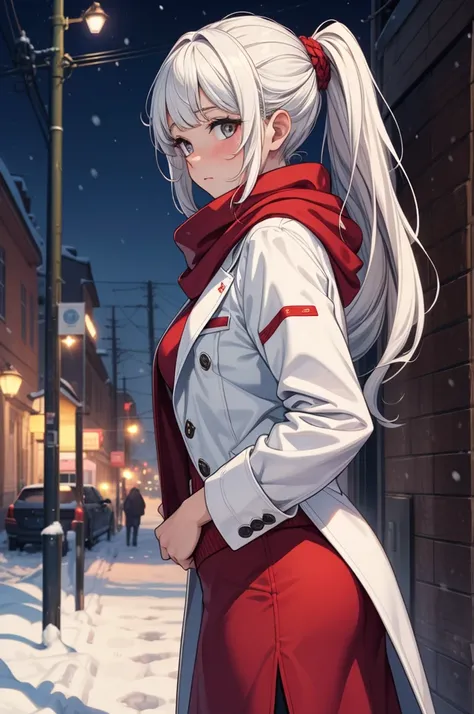 ((masterpiece, best quality:1.3, high detail)), beautiful woman, looking at viewer, long hair, (white hair), full-face blush, solo focus, one person, (white coat, white blouse, red scarf, (long red skirt)), red pencil skirt, boots, outdoors, (night sky, sn...