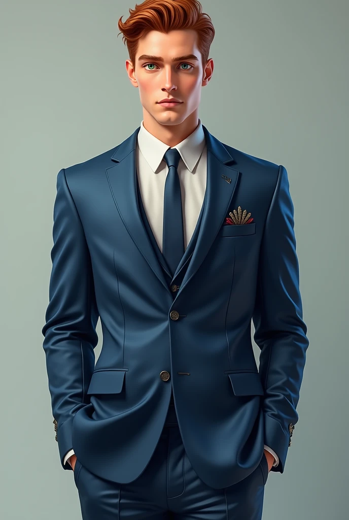  Man has reddish brown hair, green eyes and peach-colored skin , Tall and wearing a blue suit  