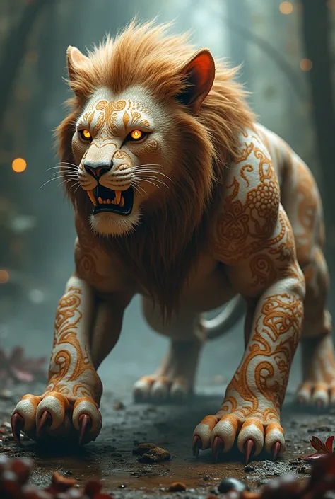 A hybrid of the fusion of a lion and a boo man.  The Hybrid has the structure of a tattoo with the characteristics of a lion.