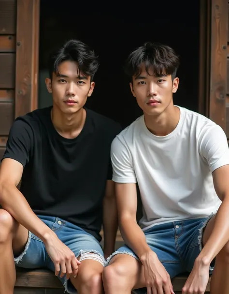 Two handsome young Asian men facing forward wearing black and white t-shirts and blue jeans shorts with torn patterns are sitting on the wooden background of a simple wooden house in the countryside