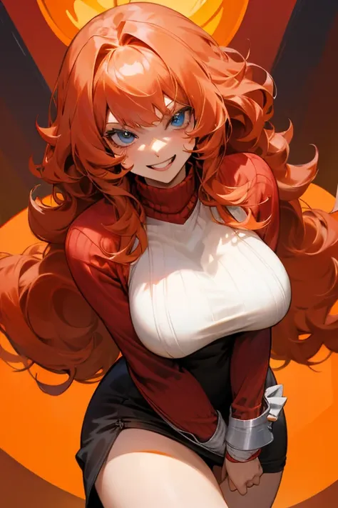 Mereoleona orange hair、grin,bangs,long hair,  Tufts at the whorl,Big Breasts,blue eyes, Thighs、look at me,Anatomically Correct ,she haves fang,Line of sight,red sweater,