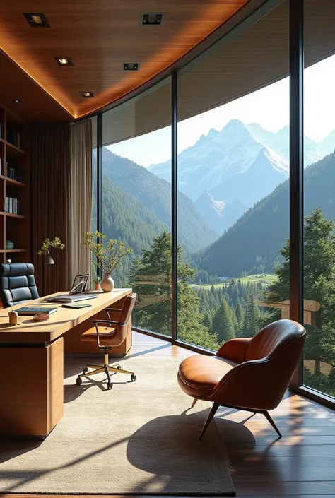 design a luxury home office with a balcony in a mountainous area 