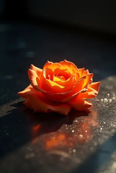 Orange Rose,Lay down on a black floor, Shimmering Light 