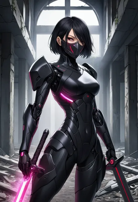 A female cyborg with and tall, wearing a black cyborg armor, holding a cyber sword, wearing a mask, short black hair, inside abandoned building.