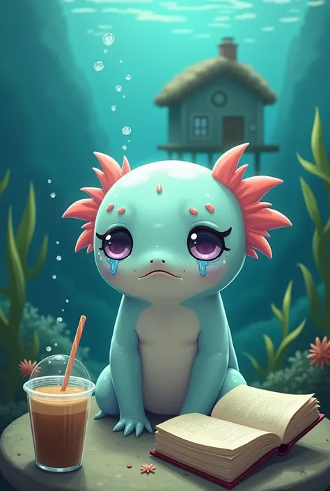 Create a realistic cartoon of a sad and crying axolotl that is underwater and her little house can be seen in the background while she is with an iced coffee on one side and a book outside the house 