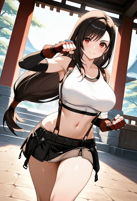 (Masterpiece), UHD, CINEMA QUALITY, hyper-detailed lighting, 32k, ,smile,  ,1girl,tifa lockhart, final fantasy,,  glistening skin,  long hair,shiny hair, solo, , ,smile,,red eyes,feature large highlight, blush, ,tank top,wrinkles in clothes,suspenders, (lo...