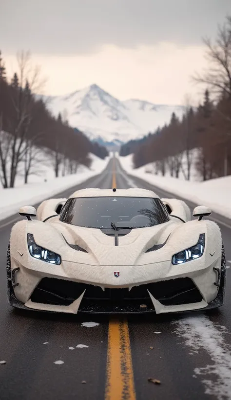 "Create a 4K ultra-realistic hybrid design that seamlessly combines the features of a polar bear with a sport car. The car’s body should integrate the bear’s powerful and robust essence, with white fur textures adorning its exterior panels. The front grill...