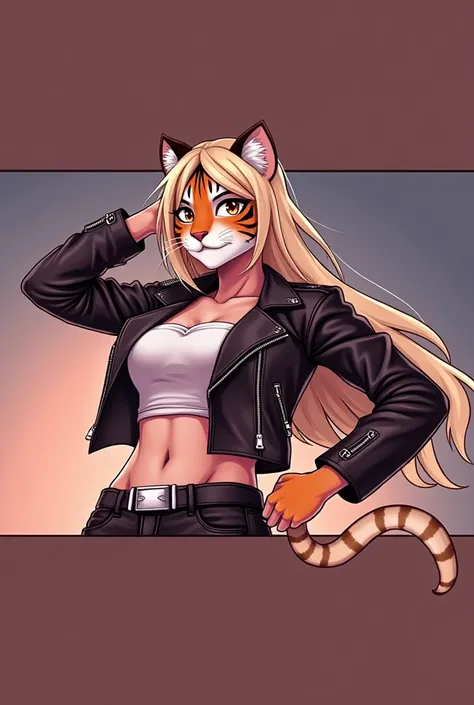 Anthro furry female bengal tiger with long vanilla colored hair, wearing white crop top, black biker jacket, black jeans and silver belt looking at viewer