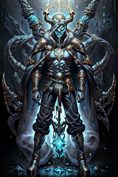 male, skeleton, glowing ice blue eyes, (((1boy))), (((viking attire))), (black pants), (fur cape), (fur boots), (gold pendant), giant, long legs, blue ice, skeletal hands, holding axe