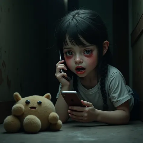 a scary image with a girl crying on her cell phone on call and behind a small stuffed animal lying on the floor that looks real
