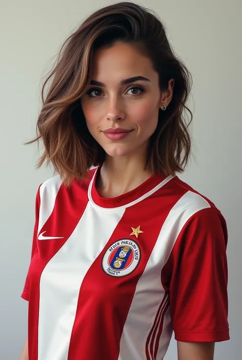 An actress similar to Rose Byrne wearing the River Plate club jersey