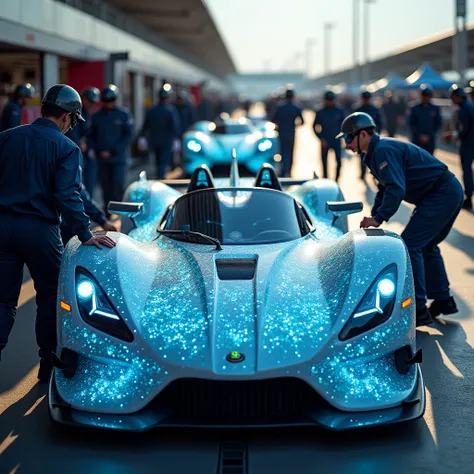 a racing convertible at the pit stop; a bunch of light blue crystals inside the car; several mechanics bustling around