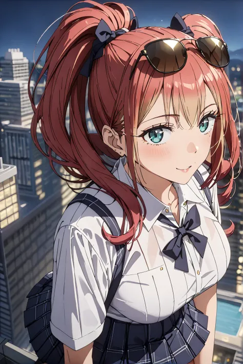 masterpiece, best quality, high quality, detailed, ultra detailed, hyper detailed, exquisite, insanely detailed, beautiful, FHD, Full-HD, 4K, 8k, 16k, highres, absurdres, 1 woman:1.4, ((sunglasses:1.4)), big breast, ((thin khaki hair:1.4, red hair:1.4, gra...