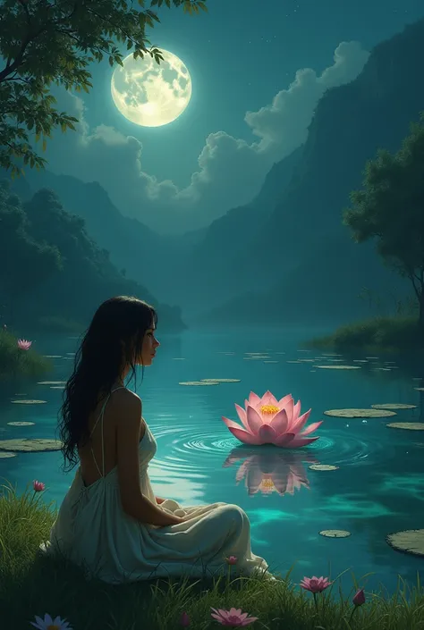 A Latin girl sitting on the grass in front of a lagoon that has a lotus flower and is illuminated by the moon 