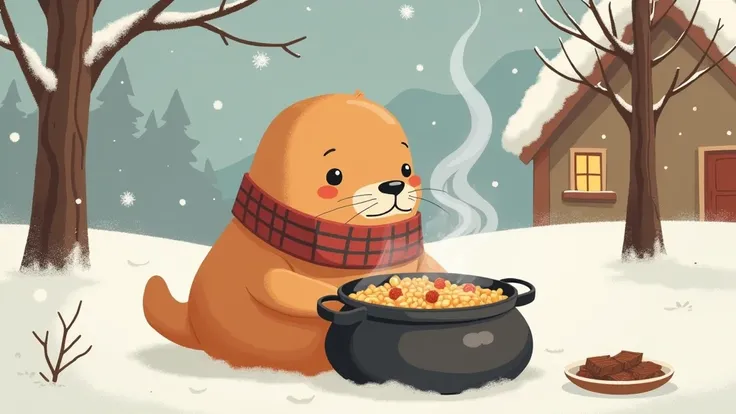 A cute illustration of a walrus eating hot pot on a cold day