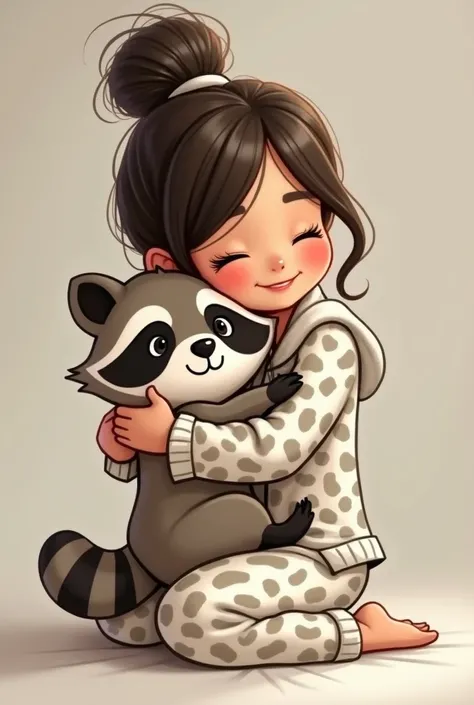 A woman in snow leopard pajamas animated in 2d hugging a plush raccoon 