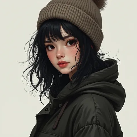 (((4K, masterpiece, best quality, ultra detailed,  high resolution,))), 1girl, (solo), ((curvy, wide hips)), ((pale skin, black eyes)), ((black hair, messy hair, medium hair)), ((wool cap))