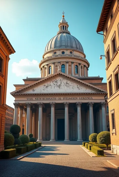 A bright sunny day with the Pantheon in the background, focusing on its massive dome made from Roman concrete, highlighting the durability over 2,000 years."
