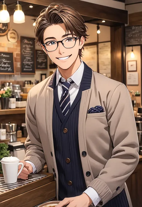 Age 23，male，           brown hair        ，           upper body，           face on bed           ，winter，Glasses，        coffee shop       ，        waiter，Cafe Staff，smile，Anime Images，Carrying coffee