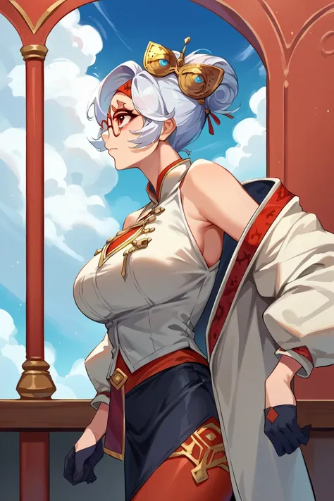 score_9, score_8_up, source_anime, 1girl, solo, (realistic:0.5) purah, hair ornament, red headband, red glasses, sleeveless shirt, white coat, black skirt, red leggings, gloves, (large breasts:0.8), profile, looking up, blue sky, clouds, standing