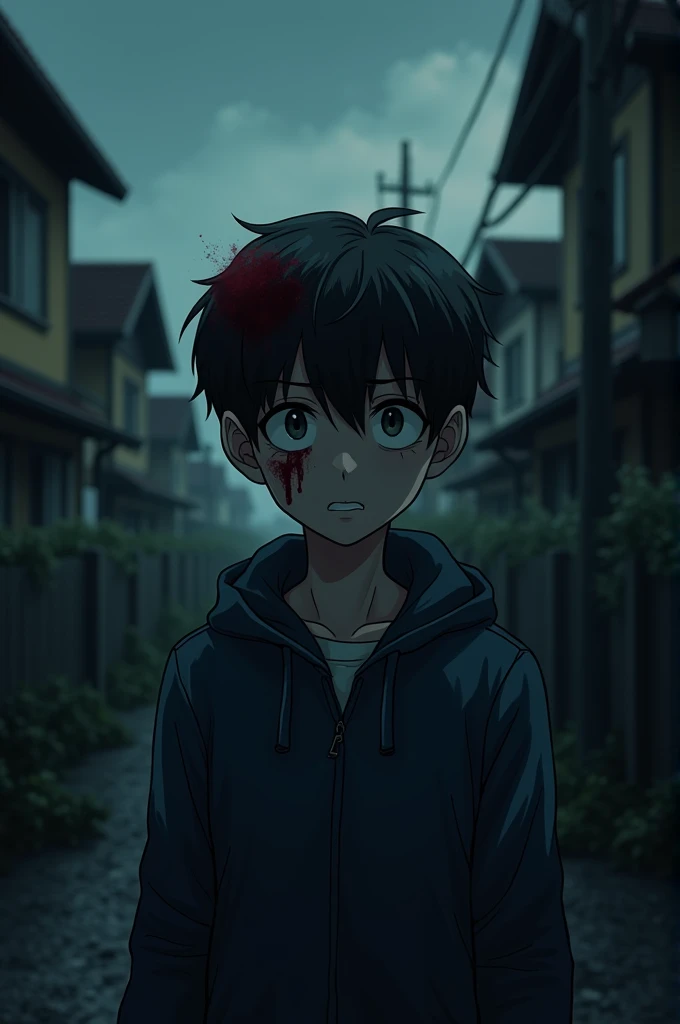  Draw a high school boy , trapped behind peoples houses,His day is already night ,  his head is a little bloody 