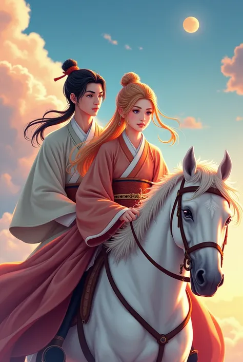 An aesthetic digital illustration beautiful, elegant from the Joseon dynasty picture of a brave and beautiful girl with beautiful strawberry blond hair flowing behind her and gleaming violet eyes wearing a hanbok with colors matching her hair and eyes ridi...