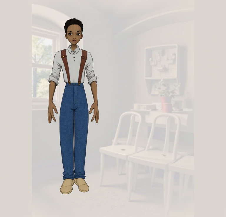 Recreate this wood-carved puppet of a teenager dressed in a white shirt and tailor-made blue pants,Afterimage,  illustration, 