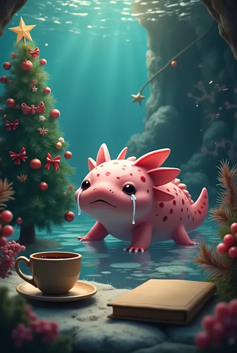 Create a sad and crying axolotl  (rosado) sad and crying that she is under water ,  you can see her aesthetically decorated Christmas house and a Christmas tree behind her while she is with cold coffee on one side and a light brown book outside the house 