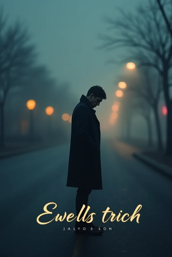 "A lone man standing on a deserted road during the evening, surrounded by a faint mist. The background features blurred city lights, giving a sense of distance and melancholy. The man’s head is slightly tilted downward, wearing a long coat, with hands in h...