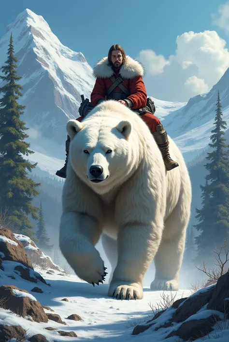 a white grizzle bear walked forward with the hero on his back