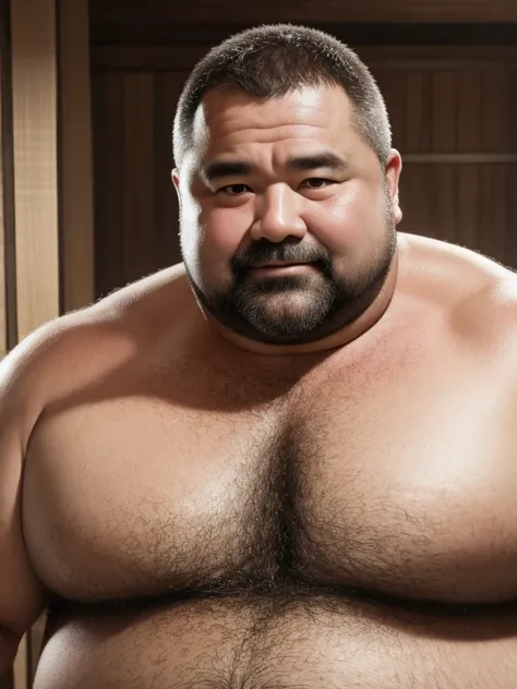 shirtless fat middle aged man。Facing slightly obliquely。 small eyes 。Round and large nose。Small Mouth。Gentle expression。 face up。 looking at camera。 Details。Precise depiction。 highest resolution。Maximum number of pixels。 Best Picture Quality 。 hyperreal 。 ...