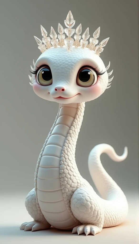 Pixar style super cute anthropomorphic white snake， wearing hanfu and crystal crown, Standing, charming big eyes, charming tail, Standing, Surreal, super fine, luxurious, Elegant, standing, charming big eyes, charming tail, Standing, Surreal,  body, luxuri...