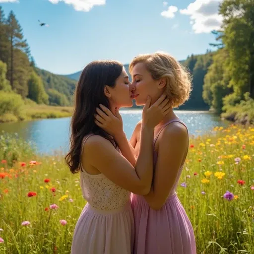 A deeply romantic scene featuring two women sharing a tender kiss in a serene, lively natural setting. The landscape is vibrant and full of life, depicting a warm, sunny day with a clear blue sky. In the background, a lush forest surrounds a sparkling rive...