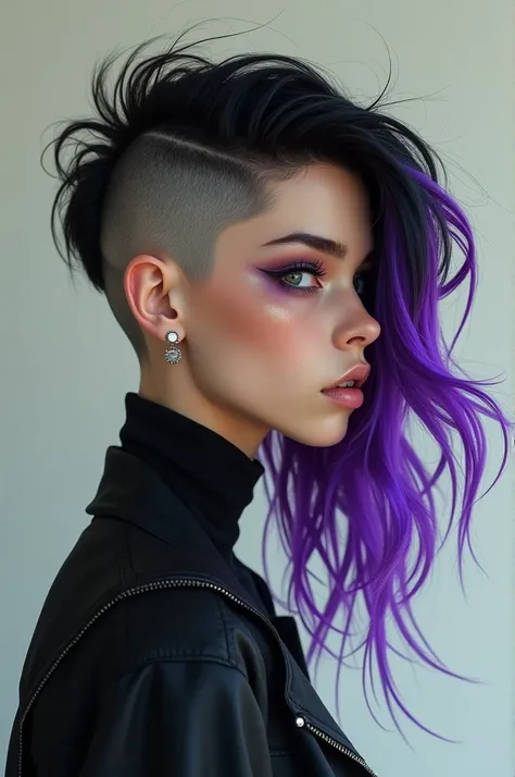 girl from 1.63 cm ,  short black hair,  shaved on the back of the neck and on the left side ,  the hair on the right side is long up to the jaw, wavy and with purple highlights ,  with black clothes 