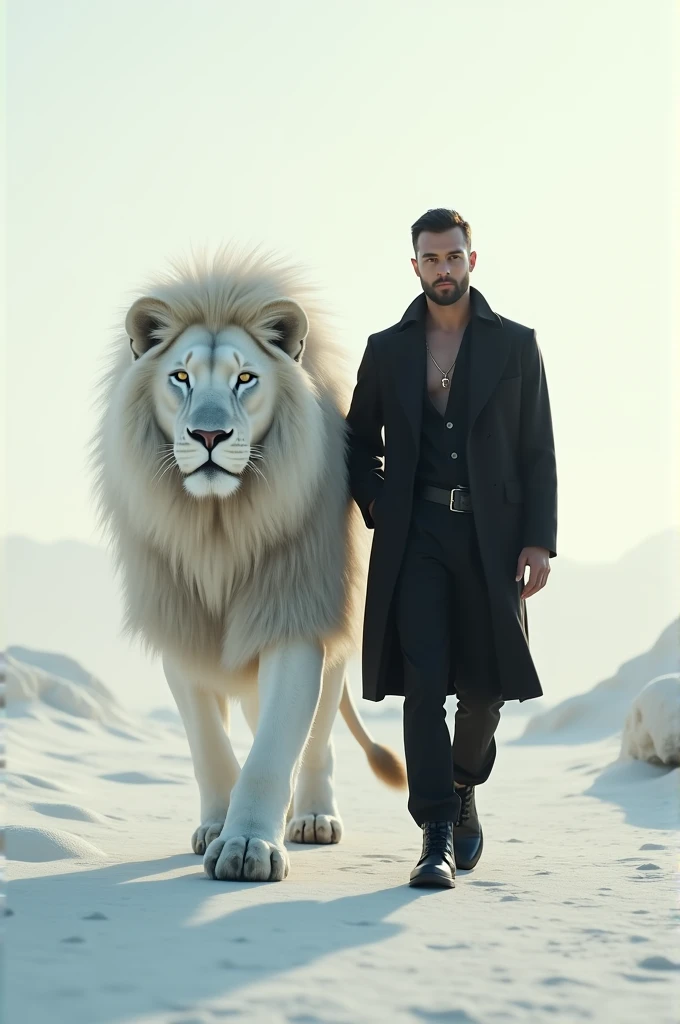  a man dressed in black walking with a giant lion with a white fur pattern.they walk together against the background of the home page 