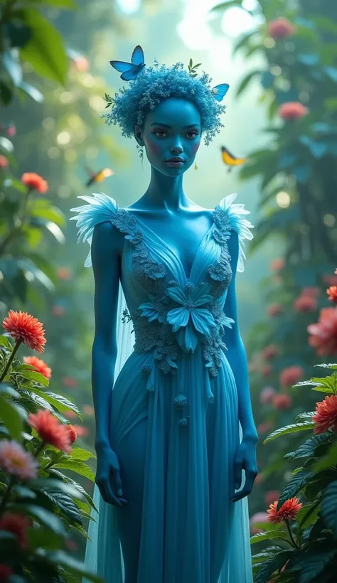 fashion photography portrait of blue human avatar, in blue lush jungle with flowers and birds, 3d render, cgi, symetrical, octane render, 35mm, bokeh, 9:16, (intricate details:1.12), hdr, (intricate details, hyperdetailed:1.15), (natural skin texture, hype...