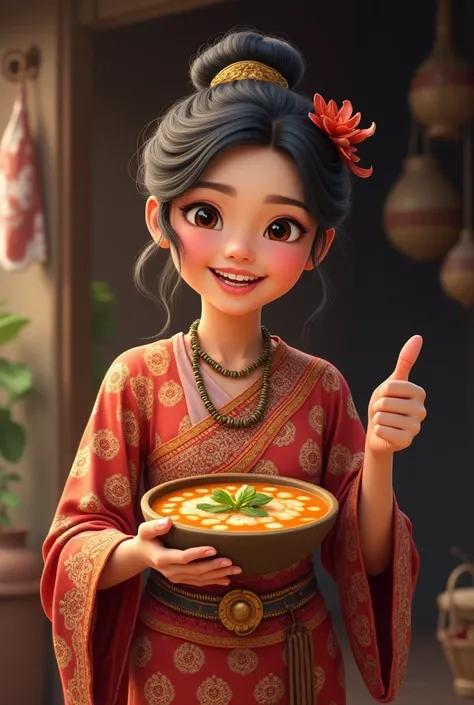 A girl wearing indonesian traditional clothes, smiling, holding cup of soup on the left hand, thumb up on right hand