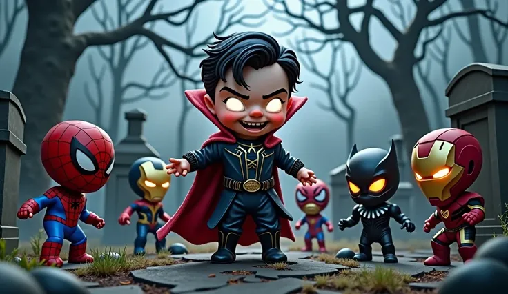 team avengers baby spiderman with glowly eye, baby ironman, baby black panther, baby super man, baby hulk, baby batman, baby ant man, dr strange dancing in gravyard monster vibe with monster eyes and teeth spooky vibe
