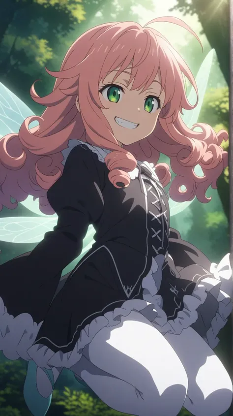 a fairy girl, pinkorange hair, long hair, curly hair, fluffy hair, ahoge, green eyes, slant eyes, narrow eyes, grinning, evil smiling, juliet sleeves, sleeves past fingers Light_Aqua gothic lolita, white tight pants, Light_Aqua ballet slippers, Four dragon...