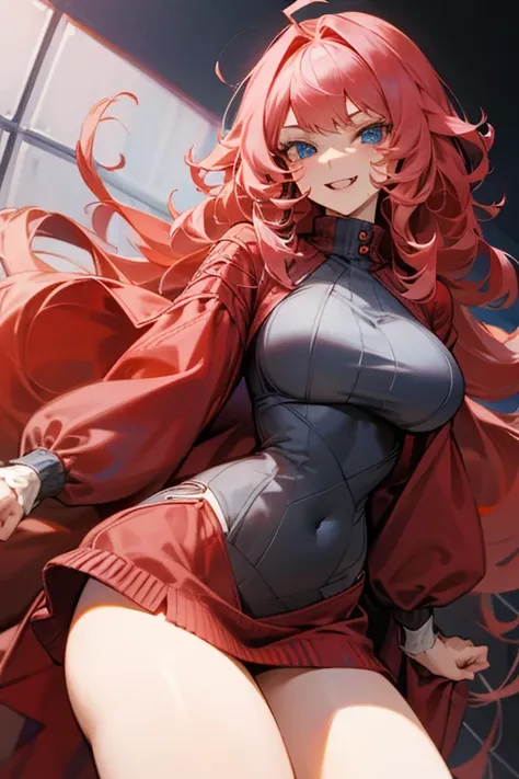 Mereoleona  ,Vermilion hair、grin,bangs,long hair,  Cowlick at the whorl,Big Breasts,blue eyes, Thighs、look at me,Anatomically Correct ,she haves fang,Line of sight,red sweater,