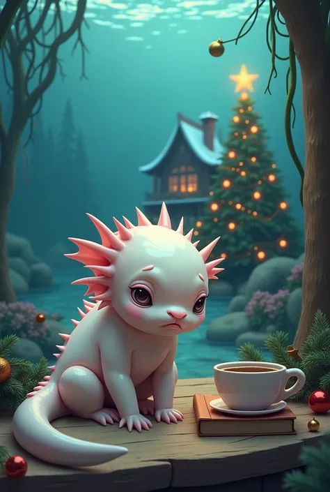  She creates a realistic cartoon like an axolotl  (, tender and half thin )  who is sad and crying ,  is under water and you can see in the background her aesthetically decorated Christmas house and a Christmas tree behind her while she is drinking cold co...