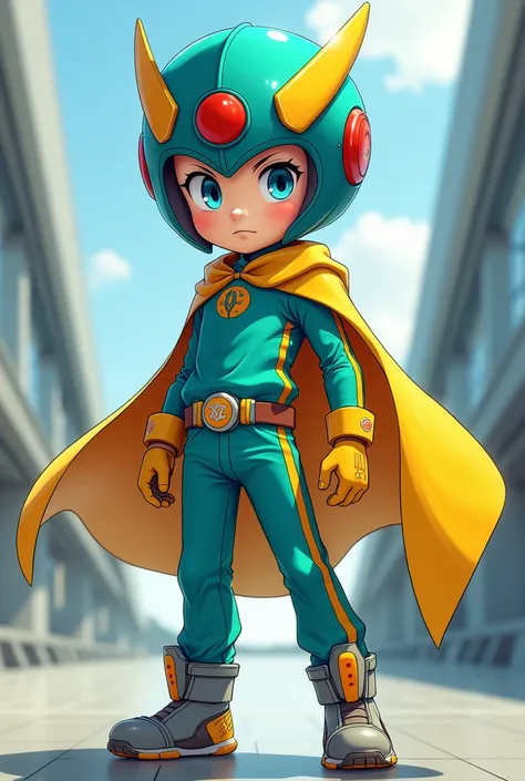 anime boy that has a turquoise shirt and pants with orange vertical lines on the sides of his arms and leg sleeves. With grey shoes and orange artwork on them. A yellow cape and a yellow helmet with two fins that go upward on the left and right side of the...