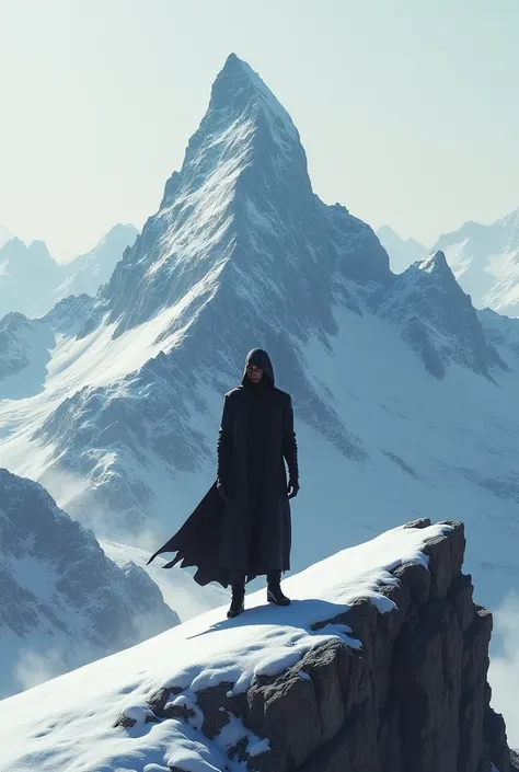 A man standing on a mountain with a shadow on his hand with full black out fit