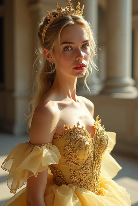 At 25 years old 
With makeup
Gold Fancy 
Light yellow princess dress embroidered
Blond hair 
Small gold crown
Brown eyes
Pink lips