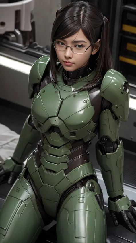 Rough skin, 超 Details,  Details,  High Quality , 最 High Quality ,  high definition , 1080P,  hard disk , beautiful,(War Machine),beautifulサイボーグの女性, dark green mecha cyborg girl lying on a mechanical bed ,During combat,Mecha Body Girl,、 elementary school gi...