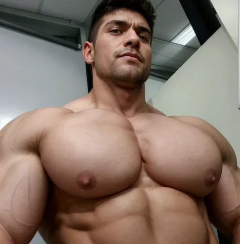  a close up of a man in a shirt posing for a photo, Big breast,  strong and impressive , strong chest, big muscle, chest and face, husky, massive muscles , very beautiful. big muscles, extremely muscular,  absurdly massive physicist , big muscles, muscular...