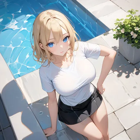  and is wearing a  ( Shoulder length ), Blue eyes and big breasts.  shes wearing a white t-shirt , Round neck, Long Fit、Short sleeve,  no bra,  she also has 、 unicolor black cotton miniskirt that realistically creates a blond young woman. She climbs out of...