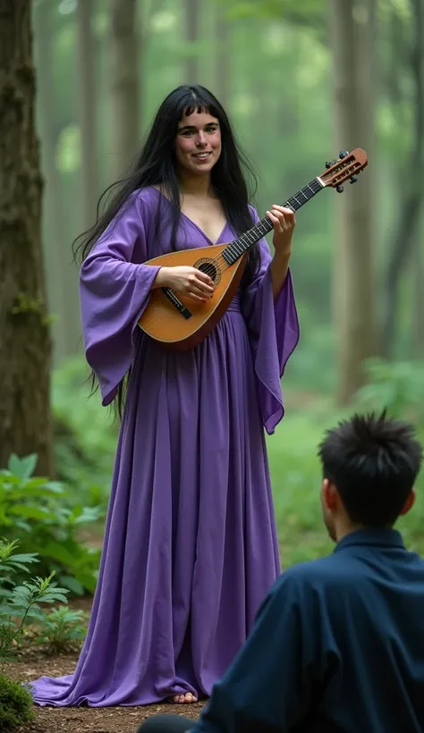 A high-resolution 4K photograph shows a beautiful woman with black hair and deep blue eyes, wearing a long, wide violet dress, looking directly at the camera, and her expression is joyful, and she is playing a lute. , she is standing on a small platform in...